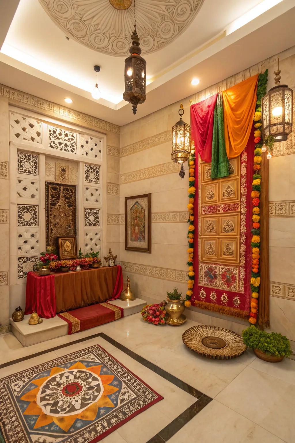 Classic patterns and colors enrich this pooja space with cultural depth.