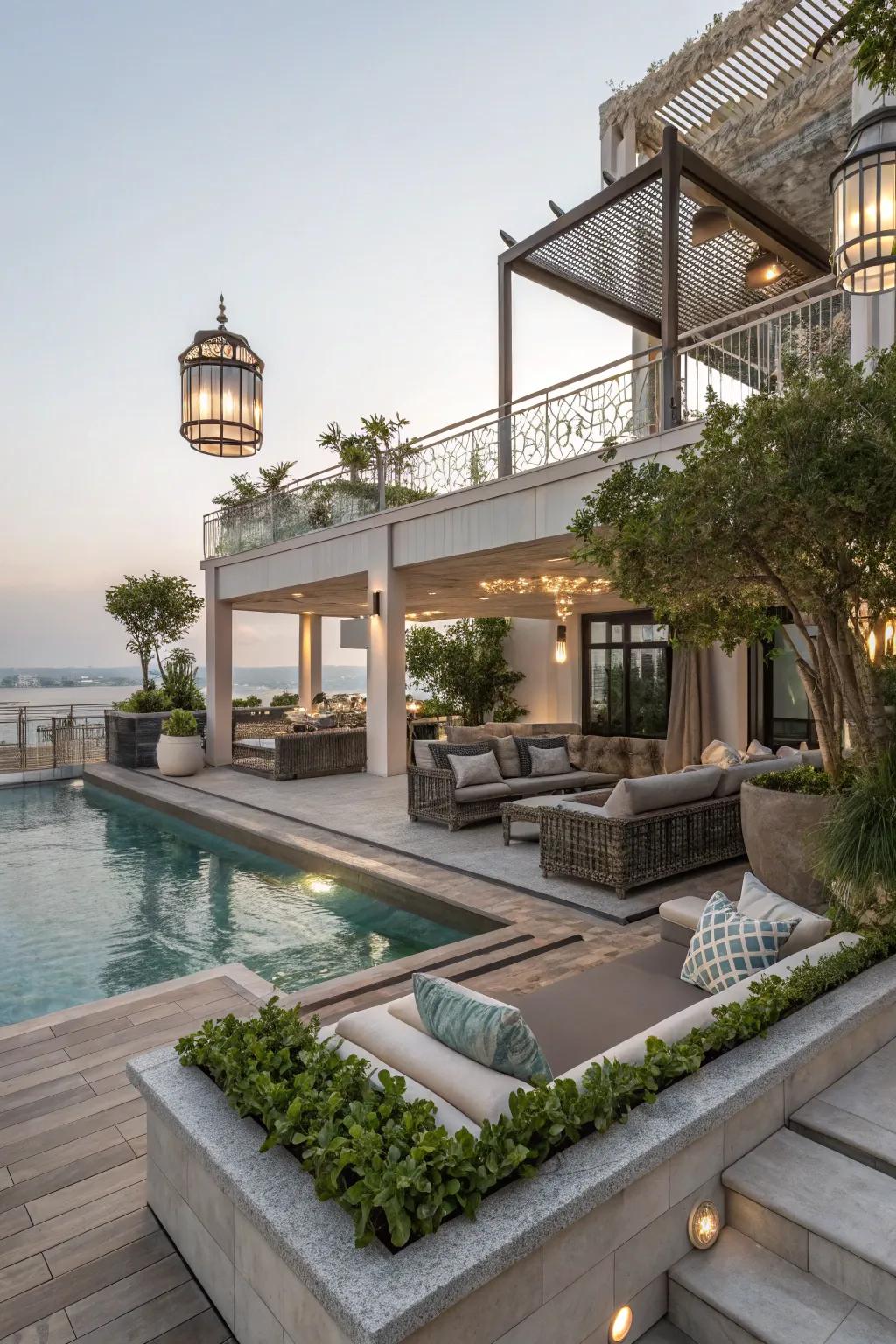 Elevated decks bring a dynamic element to poolside landscapes.