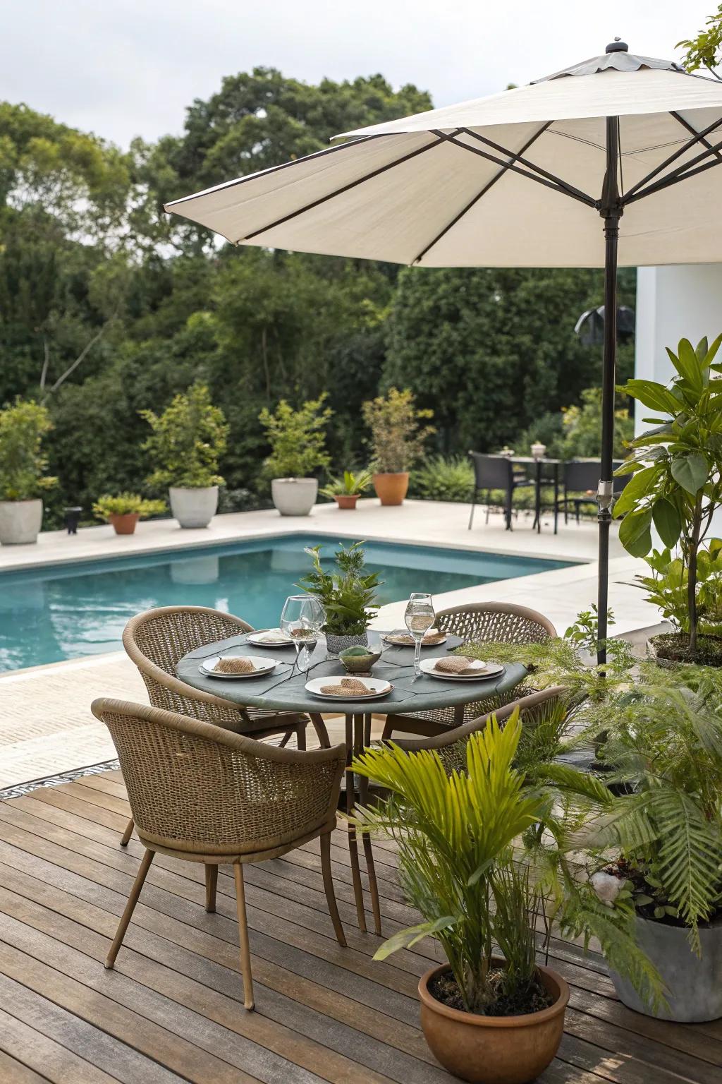 Delight in outdoor dining with a fashionable outdoor table set by the pool.