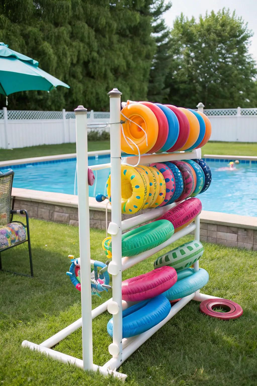 PVC pipe organizers presenting an inventive resolution for pool float storage.
