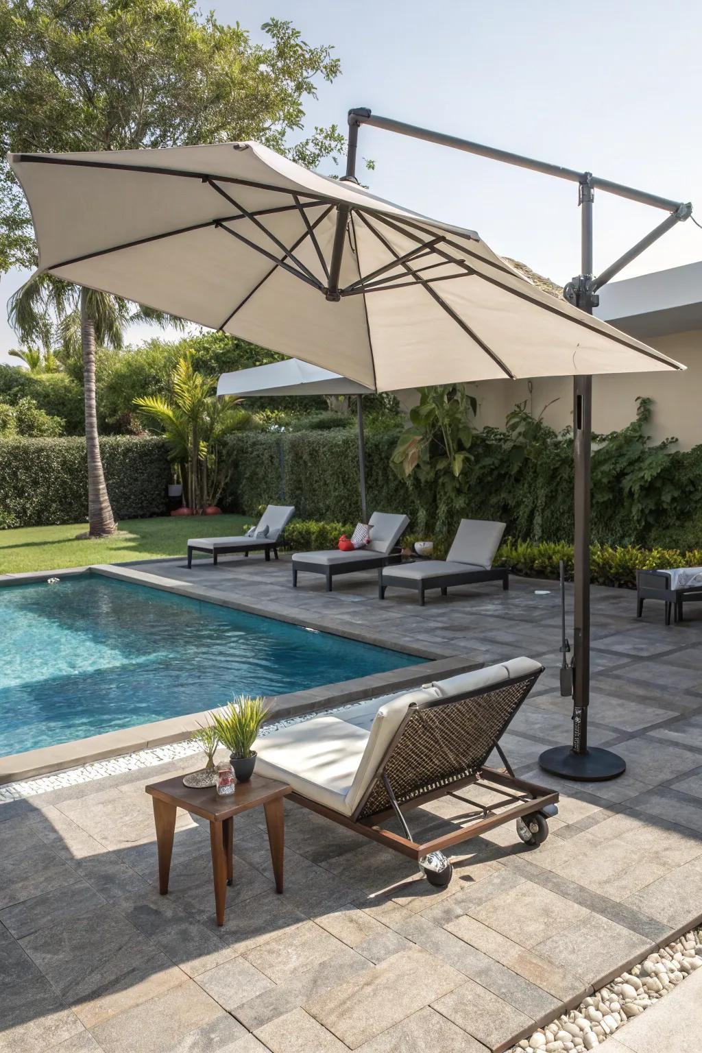 Umbrellas and awnings are essential for comfortable, shaded poolside lounging.