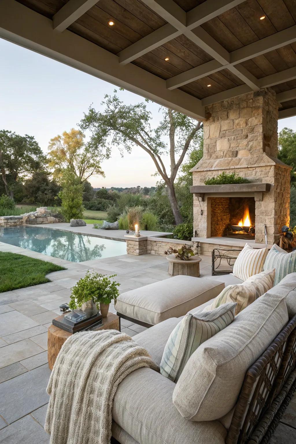 An appealing outdoor living space featuring plush seating and a fireplace.