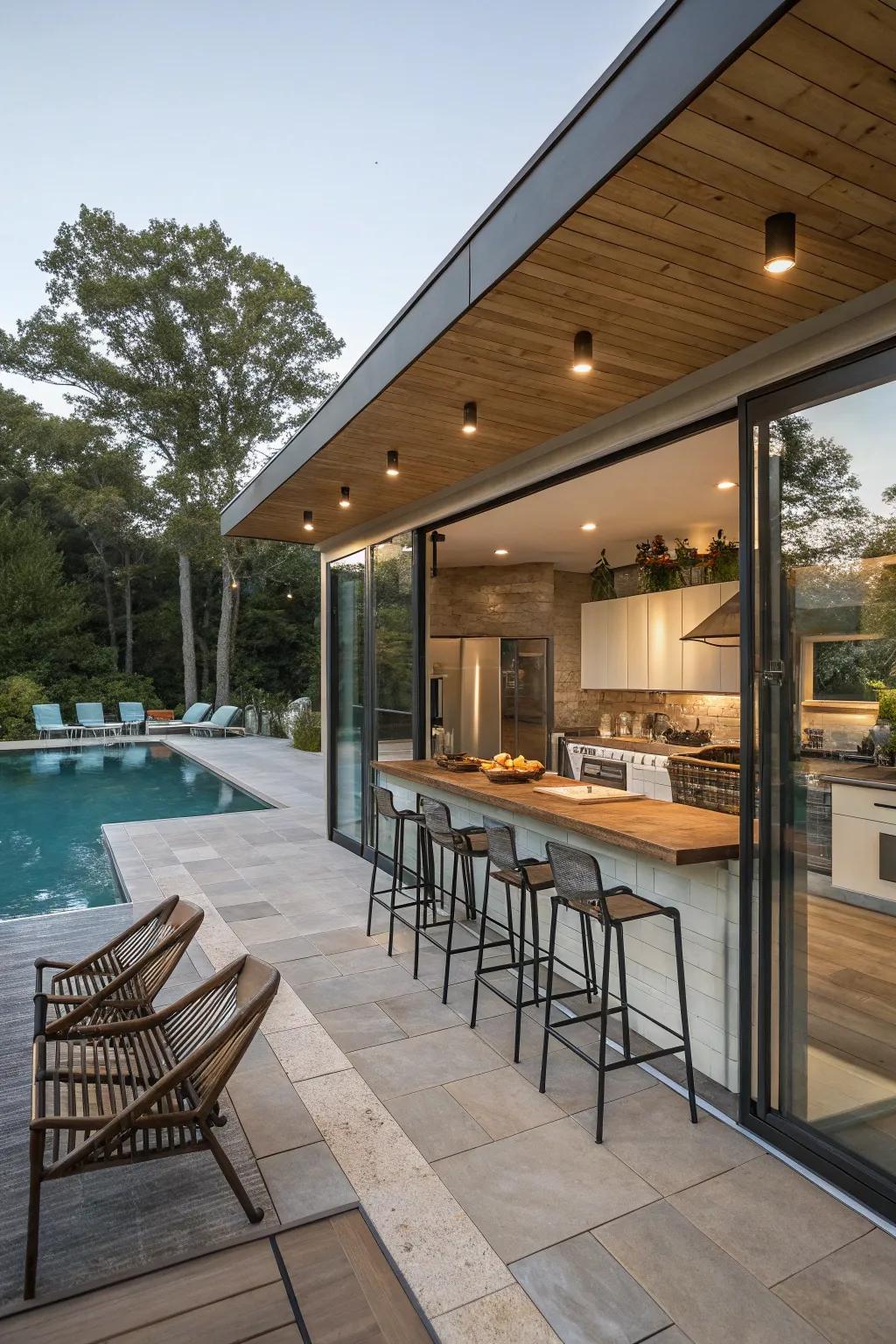 Exterior lounging introduces a social element to the poolside kitchen.