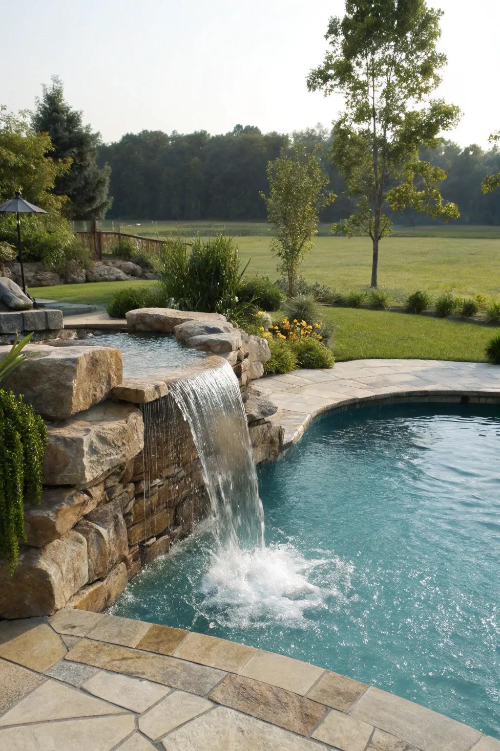 A pool showcased with a magnificent cascading waterfall element.