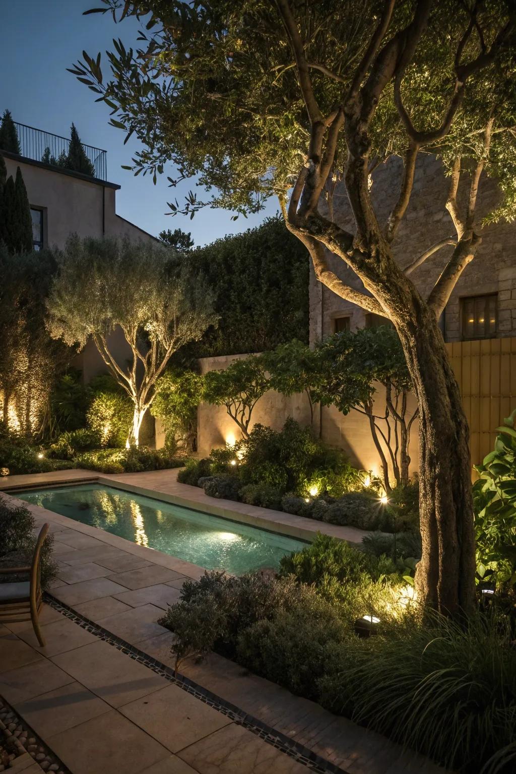 Uplighting trees forms a spectacular nighttime vista.