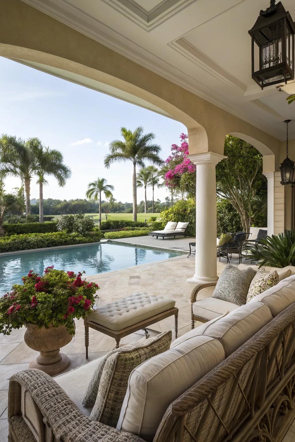 Relax and socialize with a cozy lanai setup by your pool.