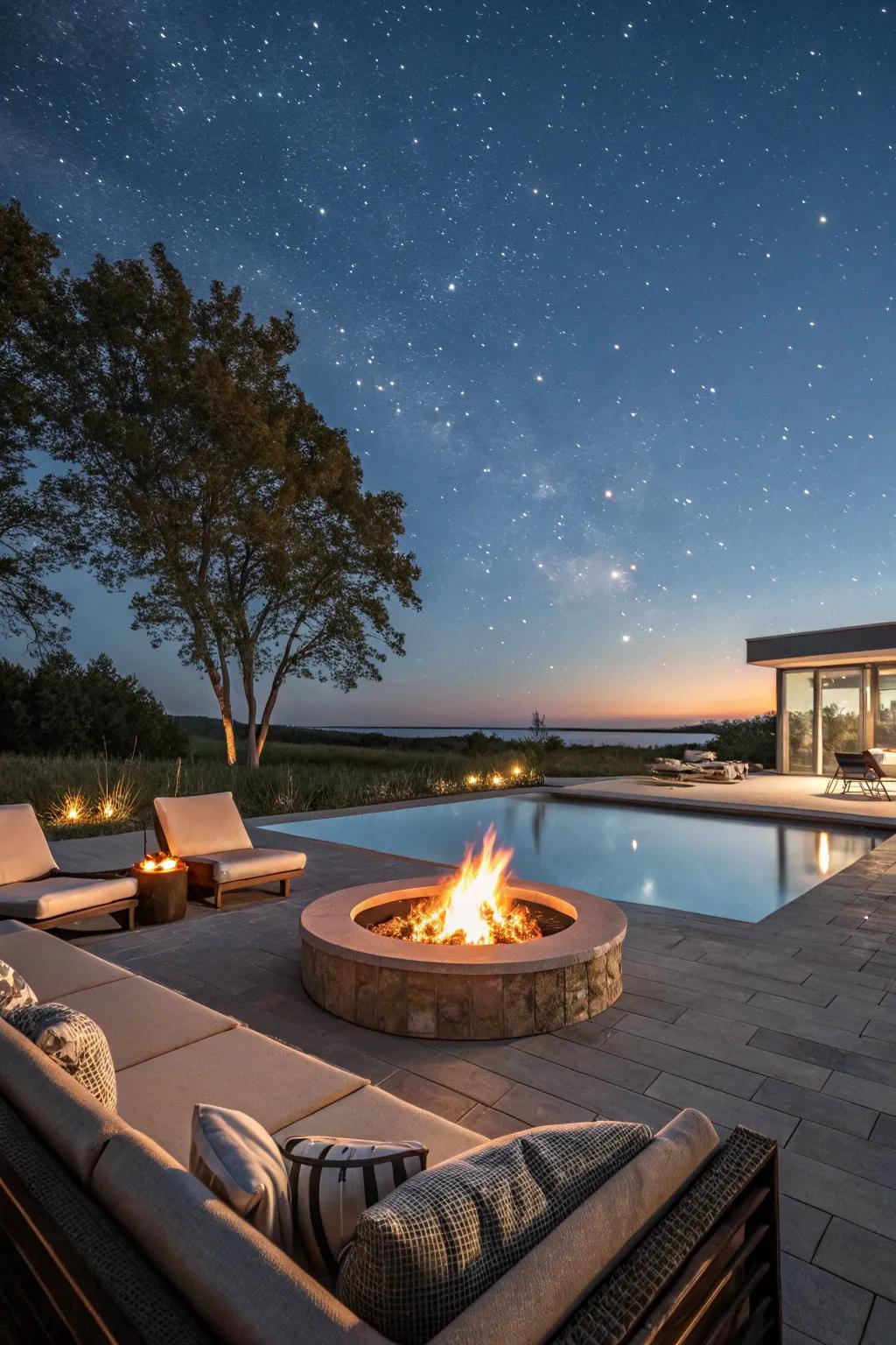 Enhance your poolside evenings with a pleasant outdoor hearth.
