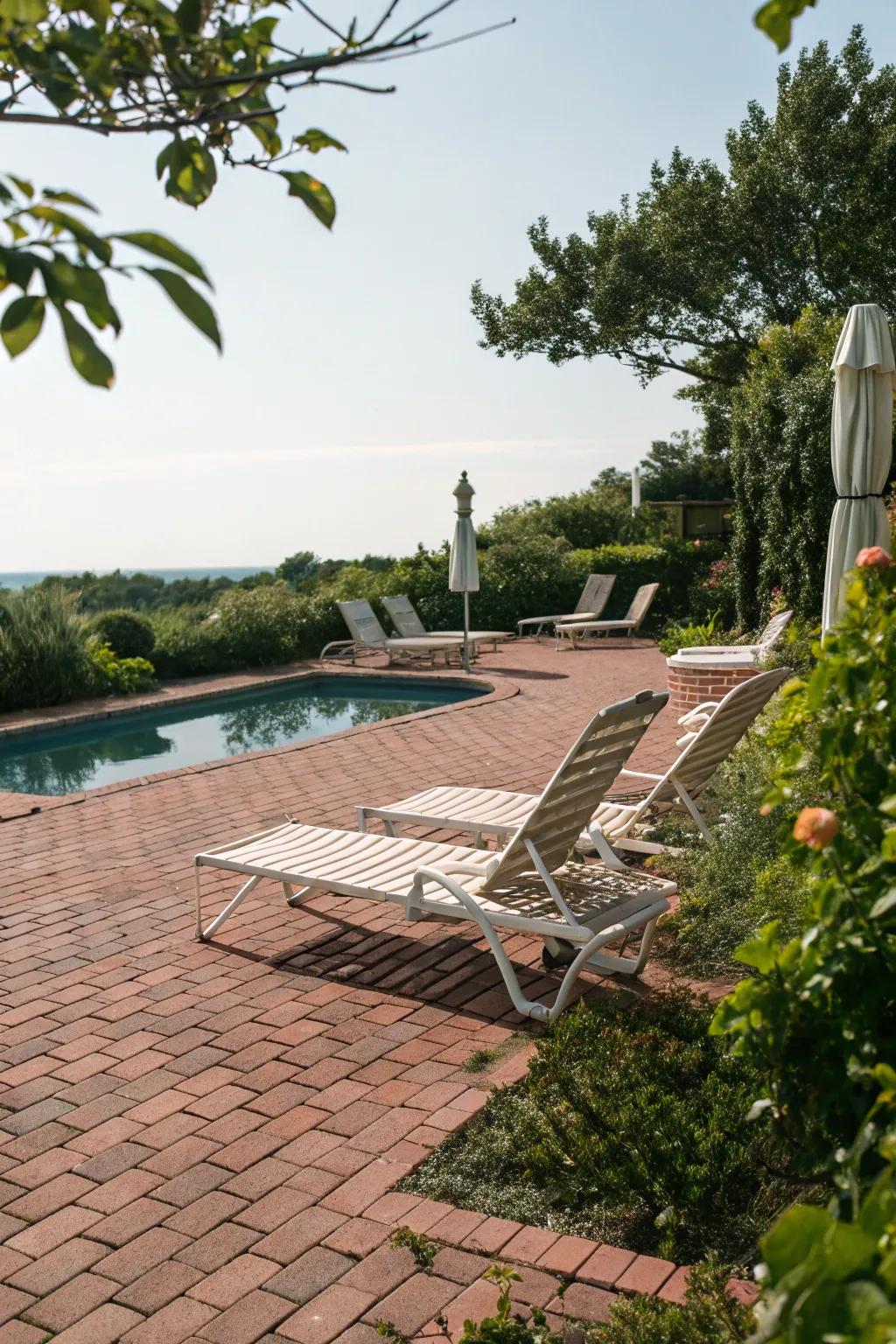 Brick paving stones imbue a rustic allure to your pool area.