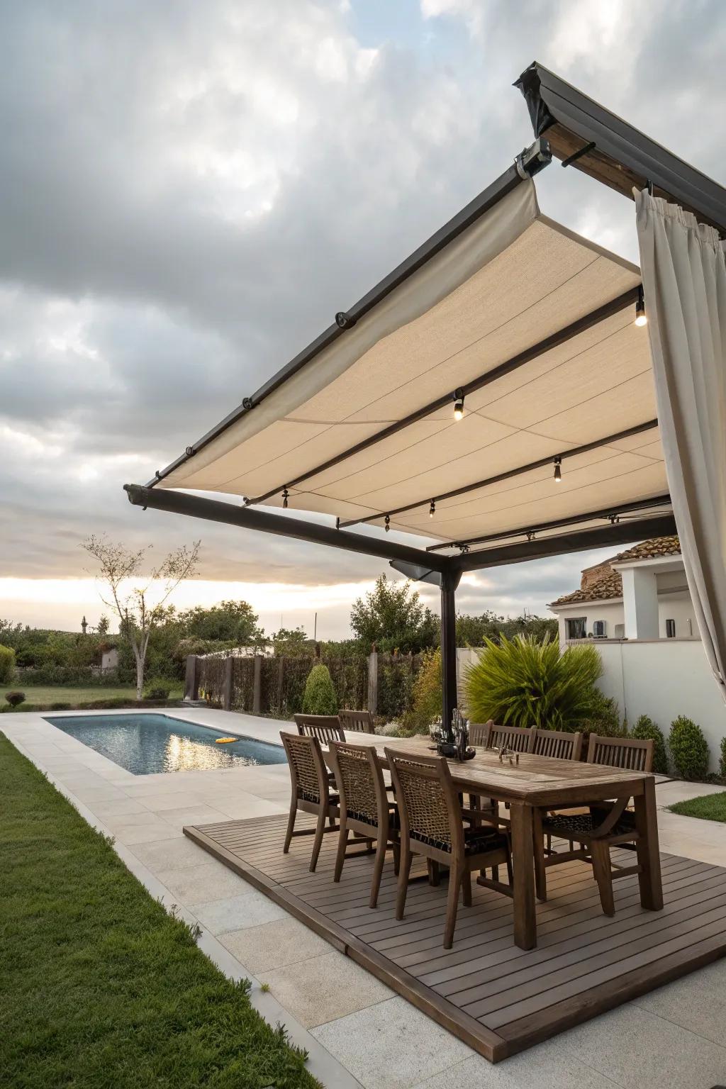 Retractable canopies offer flexible shade solutions for any event.