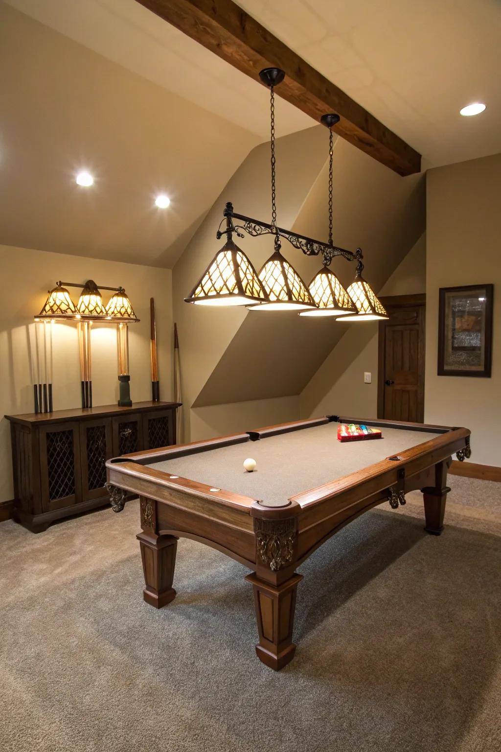 Pendant lighting strategically illuminates the billiard table, shaping an exemplary gaming mood.