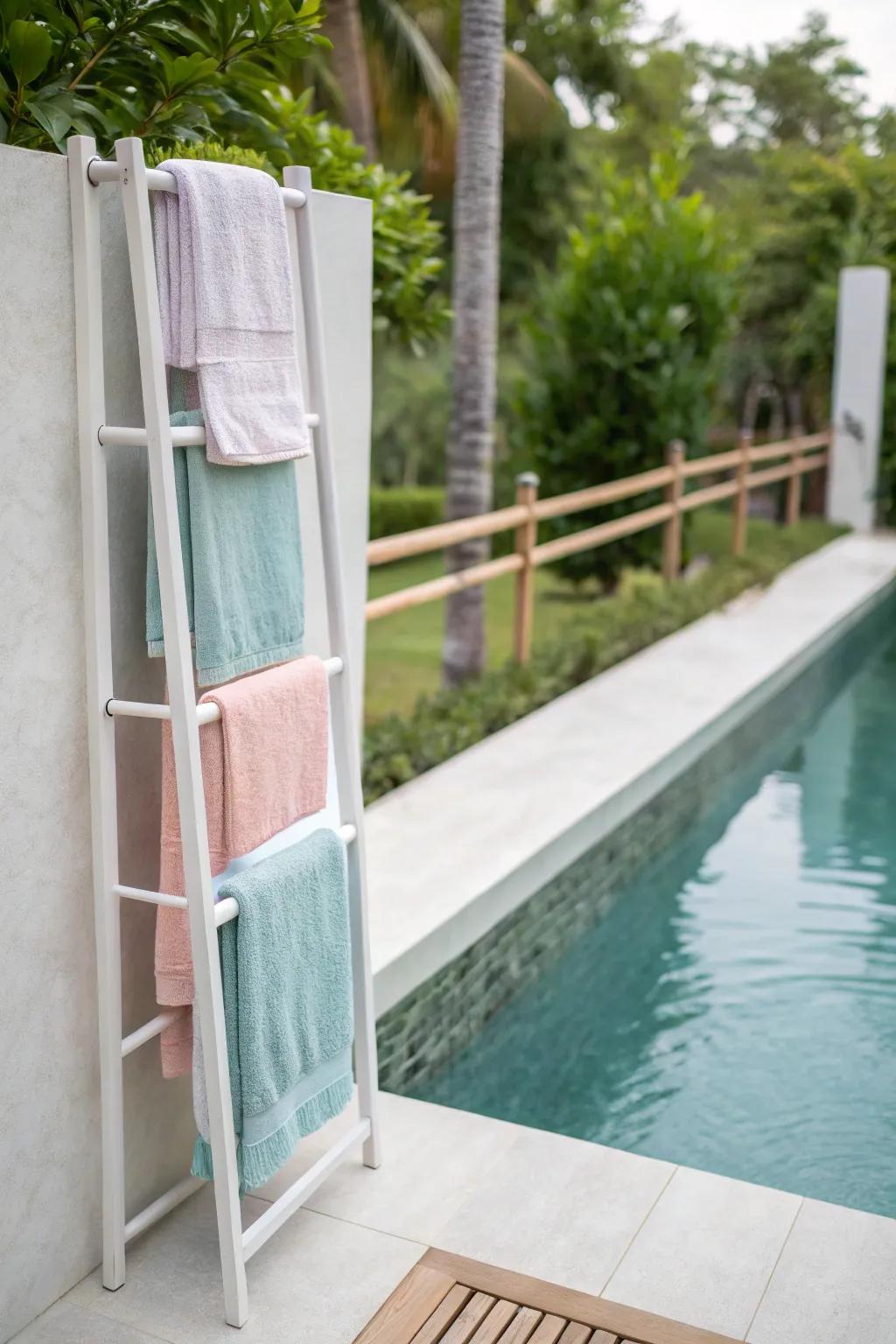 Sleek wall-mounted rack for a minimalist poolside.