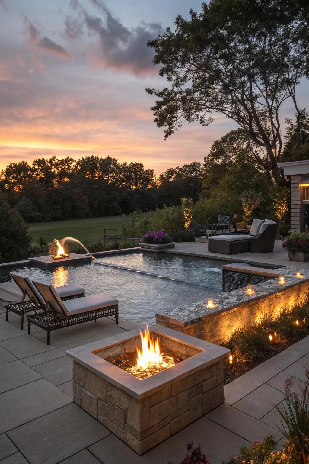 Achieve a captivating atmosphere with flame pits and water accents in your pool space.