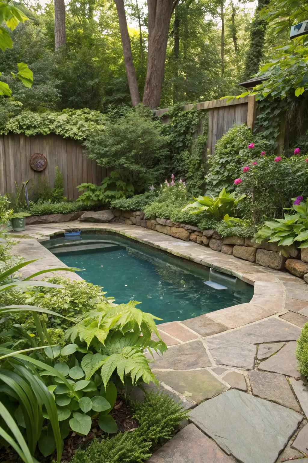 Natural stone accents create a cohesive blend with the surrounding landscape.