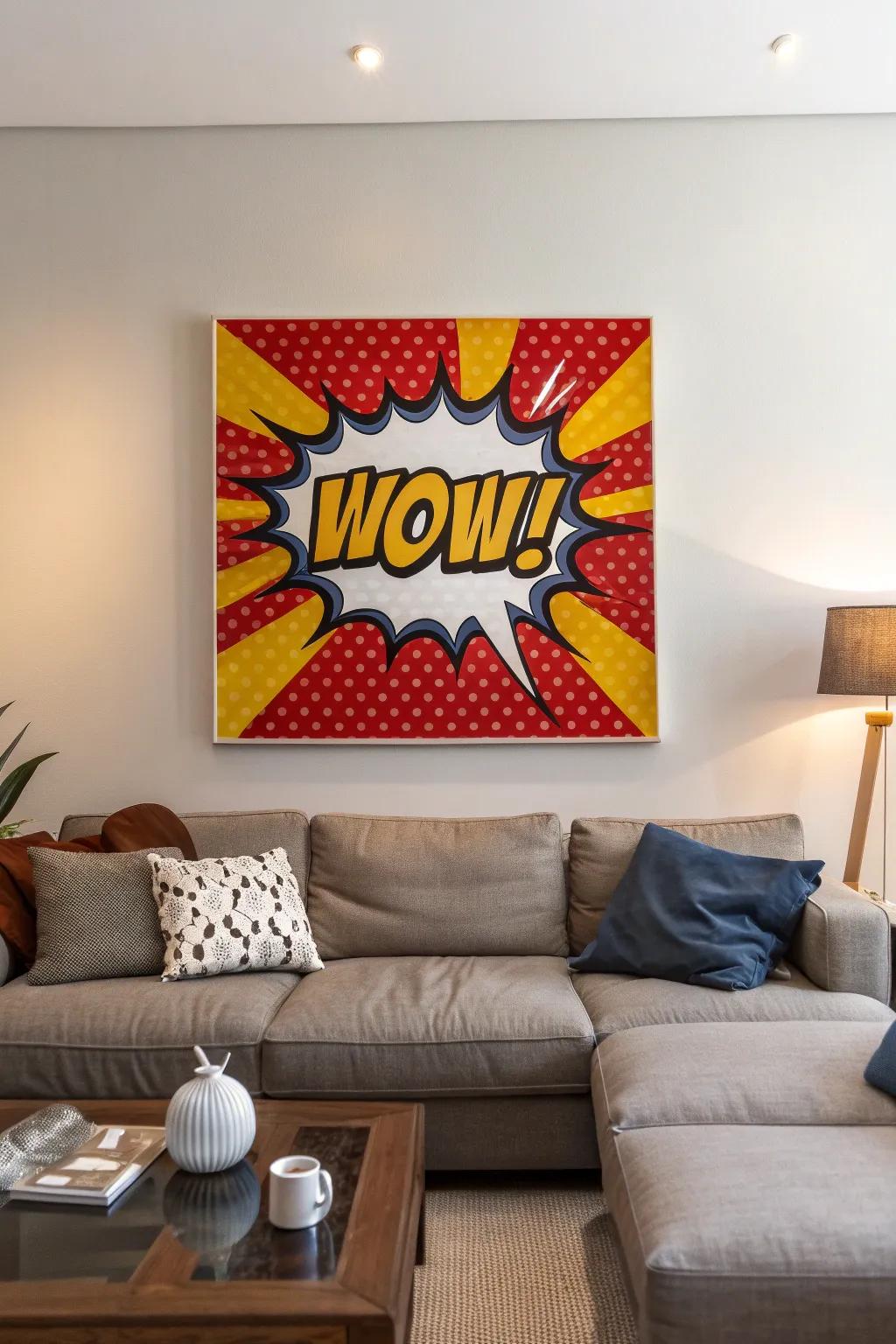 A pop art masterpiece featuring a comic-style 'Wow!' speech bubble.