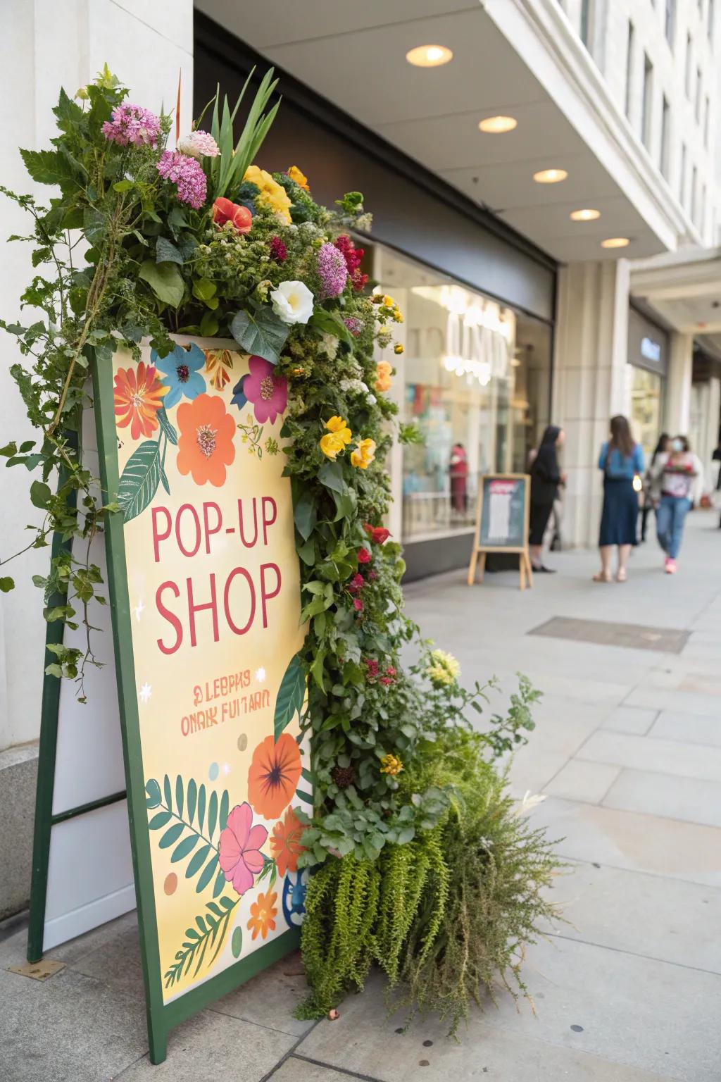 A pop-up shop sign enhanced by fresh floral accents, building a welcoming ambiance.