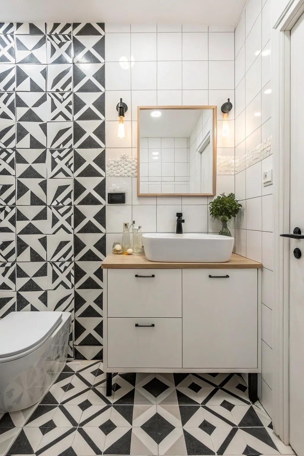 Geometric pattern tiles turn this bathroom floor into a prominent visual feature.