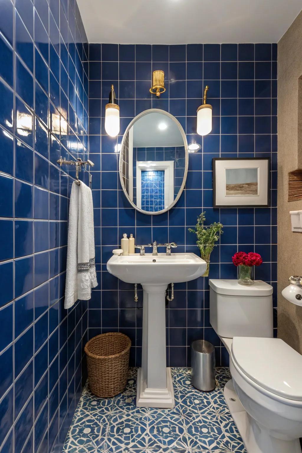 Vibrant colored tiling can turn your powder room into a striking center point.