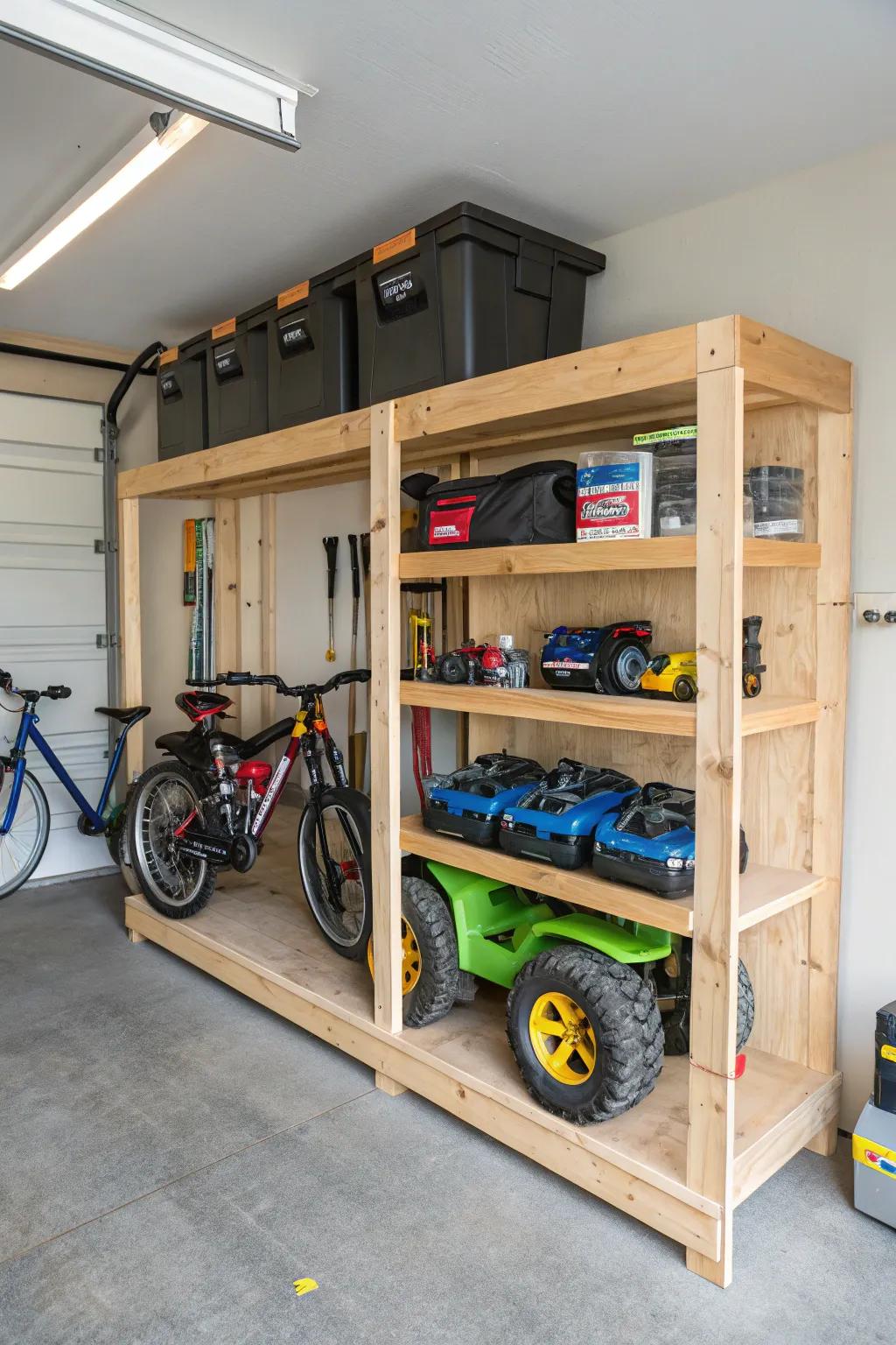 Custom shelving for organized electric ride-on storage.
