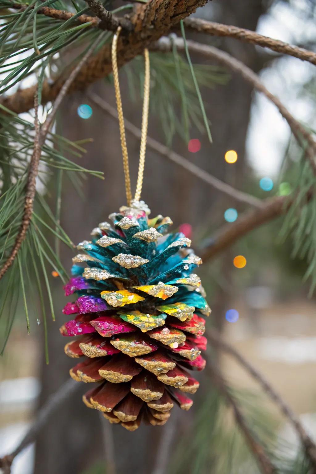 A festive painted pinecone ornament, bringing natural charm to holiday decor.