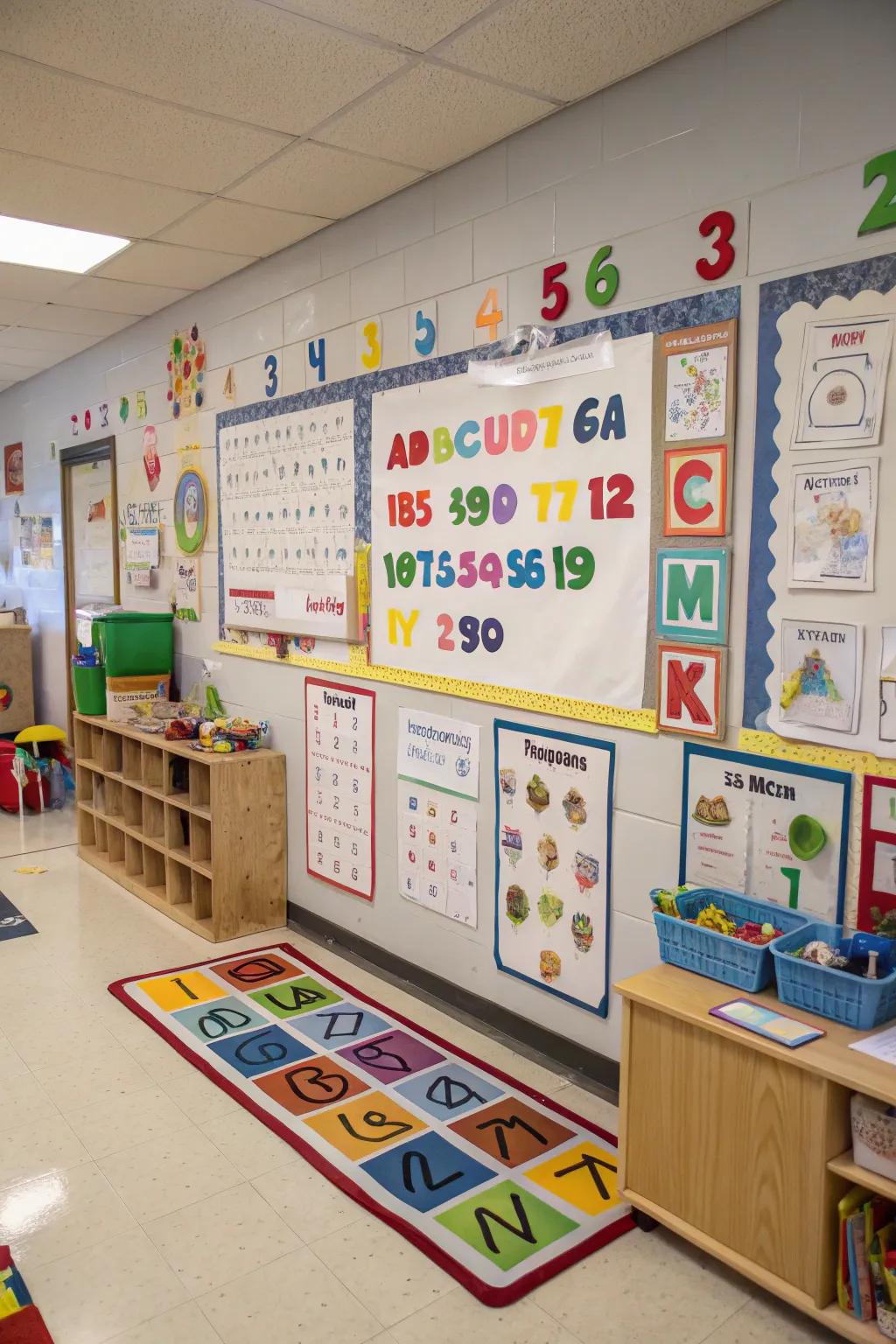 Walls featuring digits and characters to facilitate interactive learning.