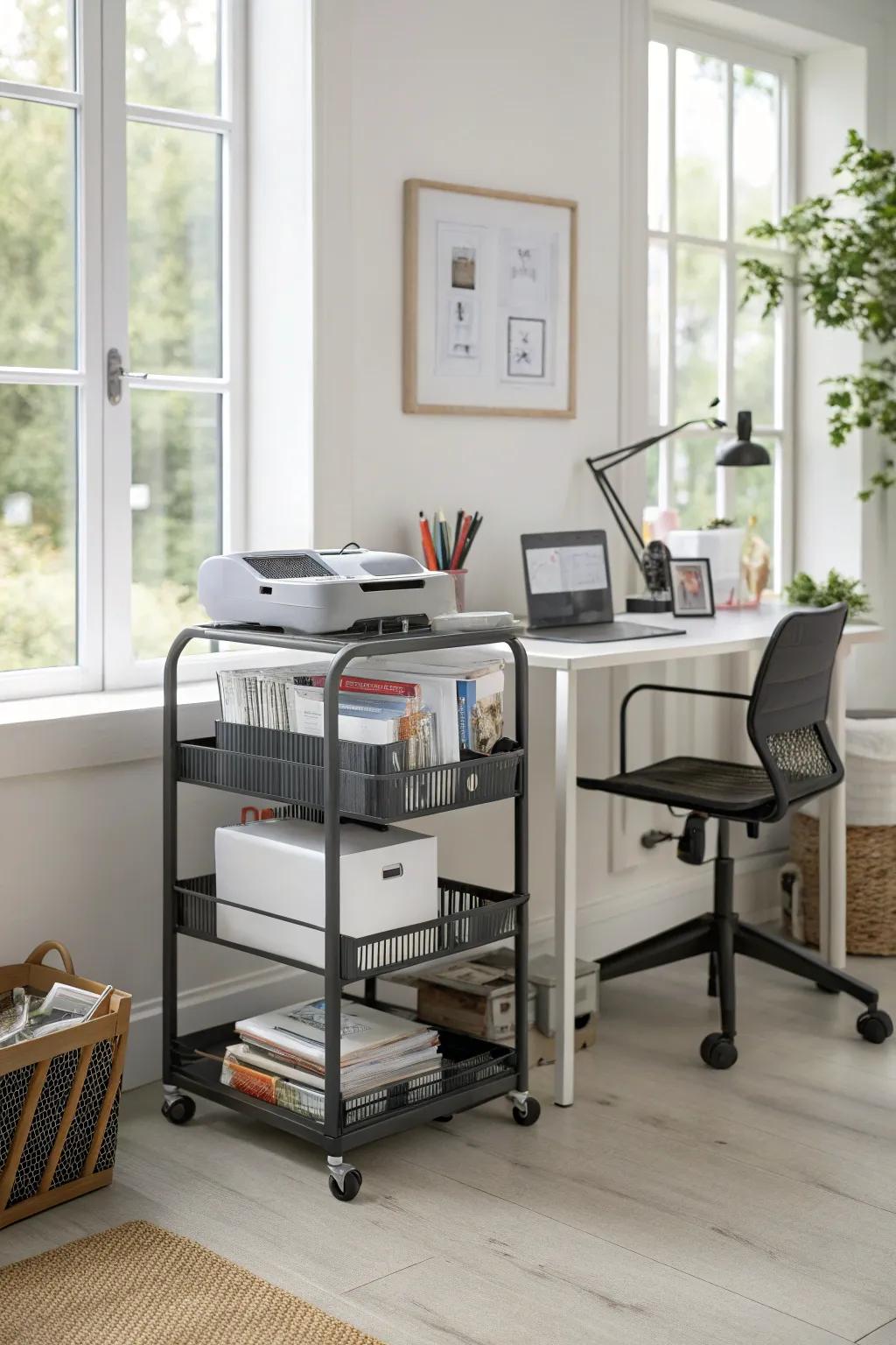 A mobile storage cart for easy access to printer paper.