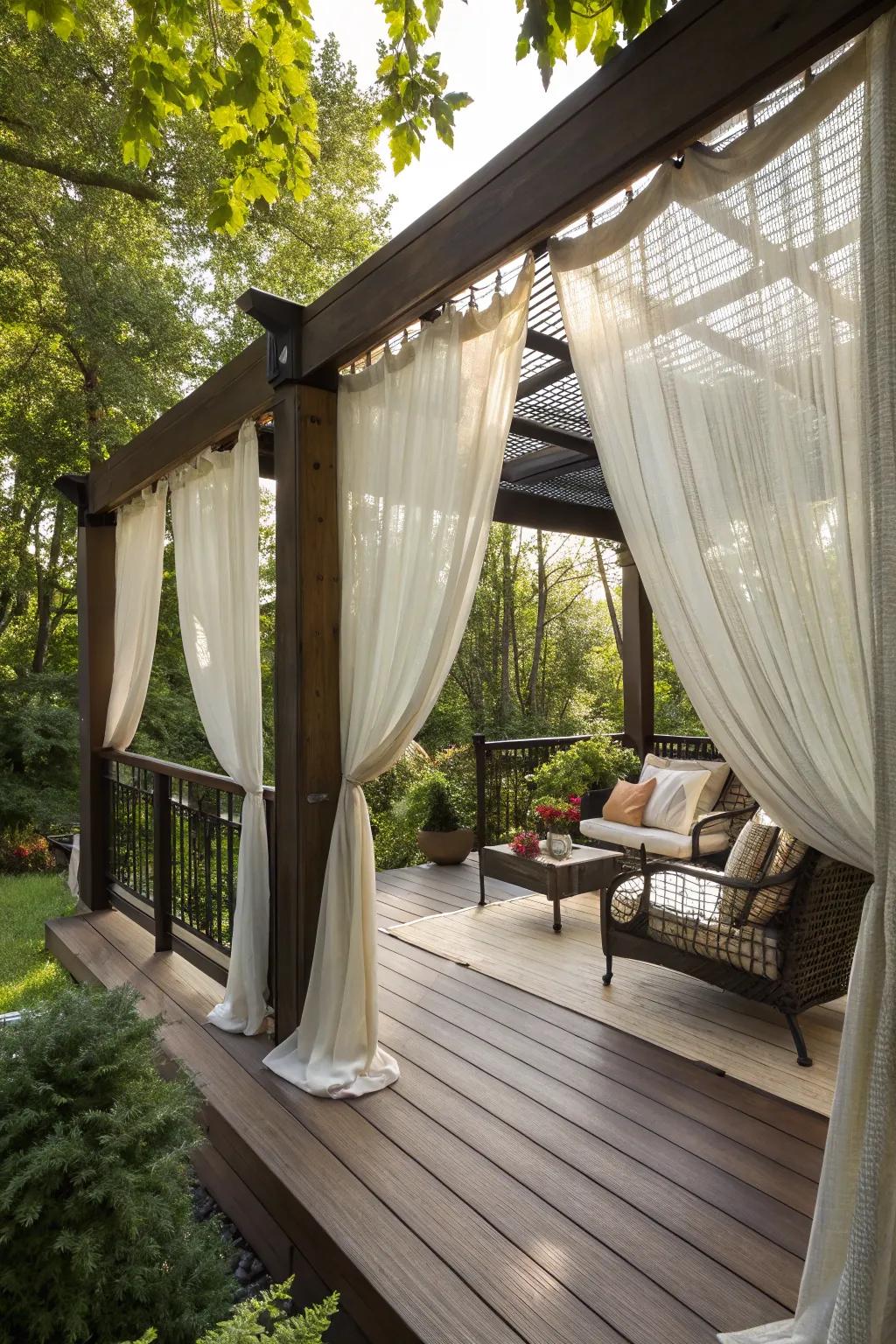 Cascading external drapes fashion a tranquil and secluded deck setting.