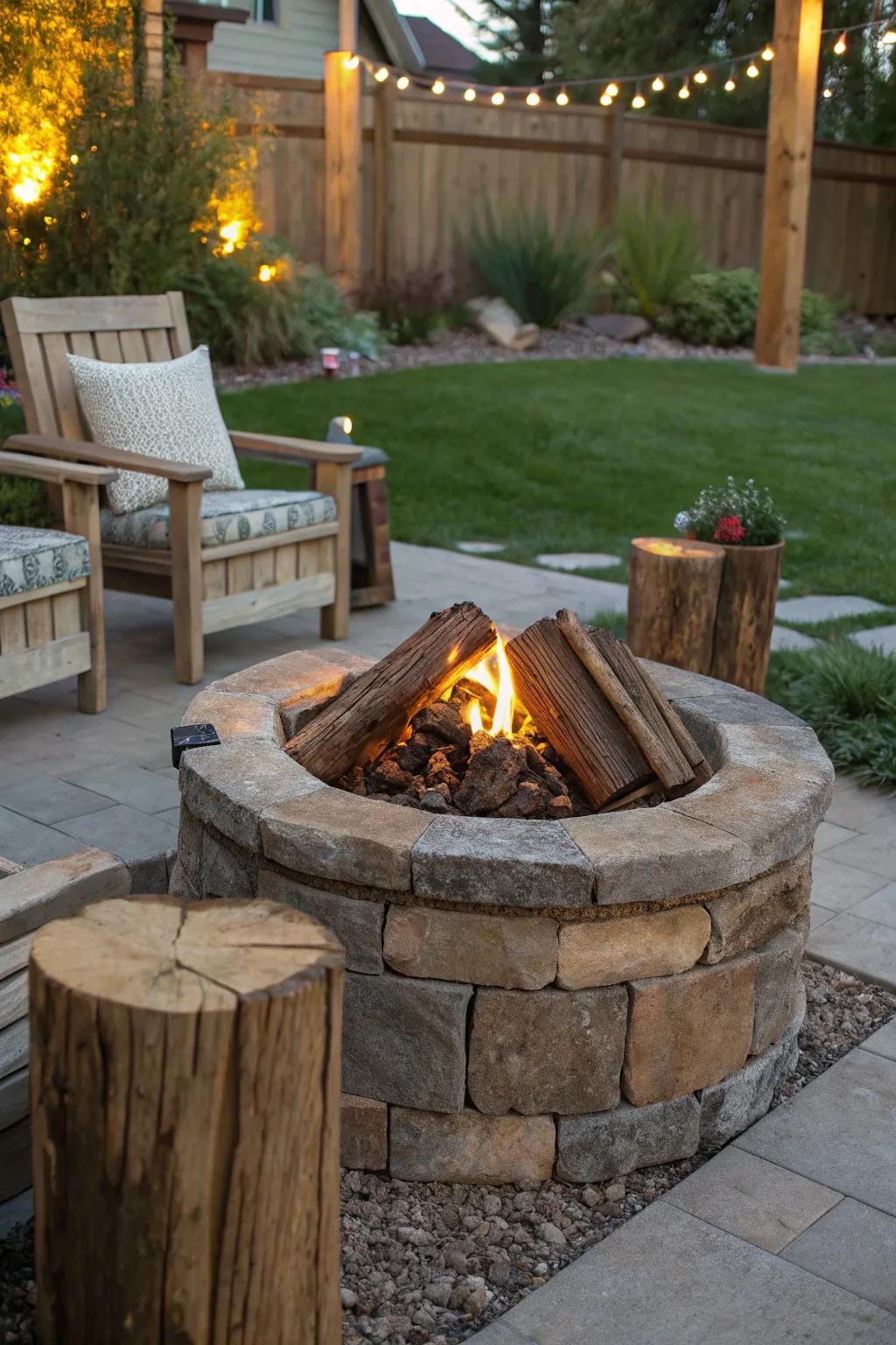 Embrace the charm of country living with a propane fire pit built from recycled materials.