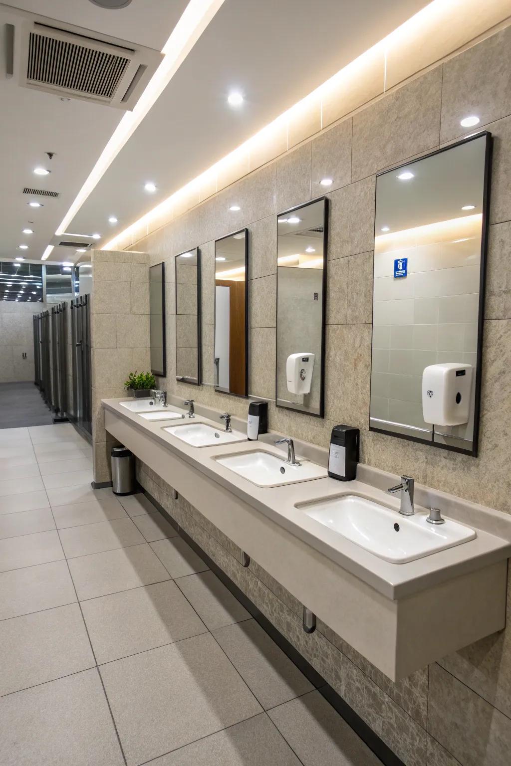 Cutting-edge amenities in a shared restroom provide both elegance and practicality.