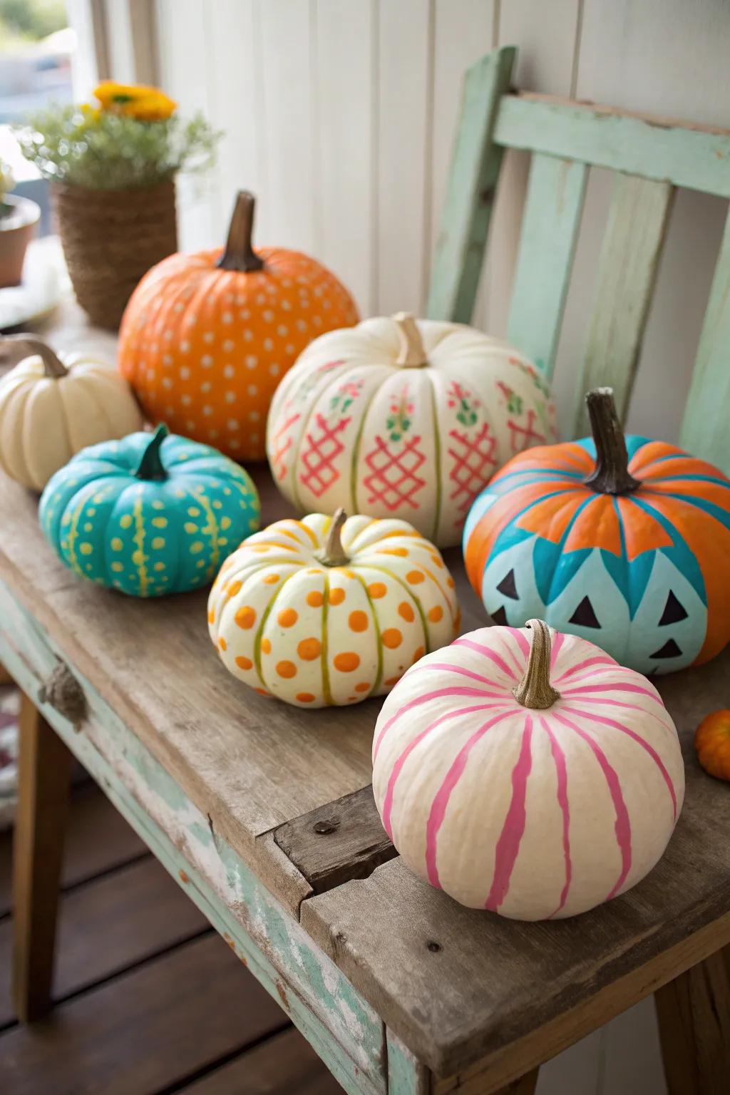 Brilliant painted pumpkins for a burst of color without creating a mess.