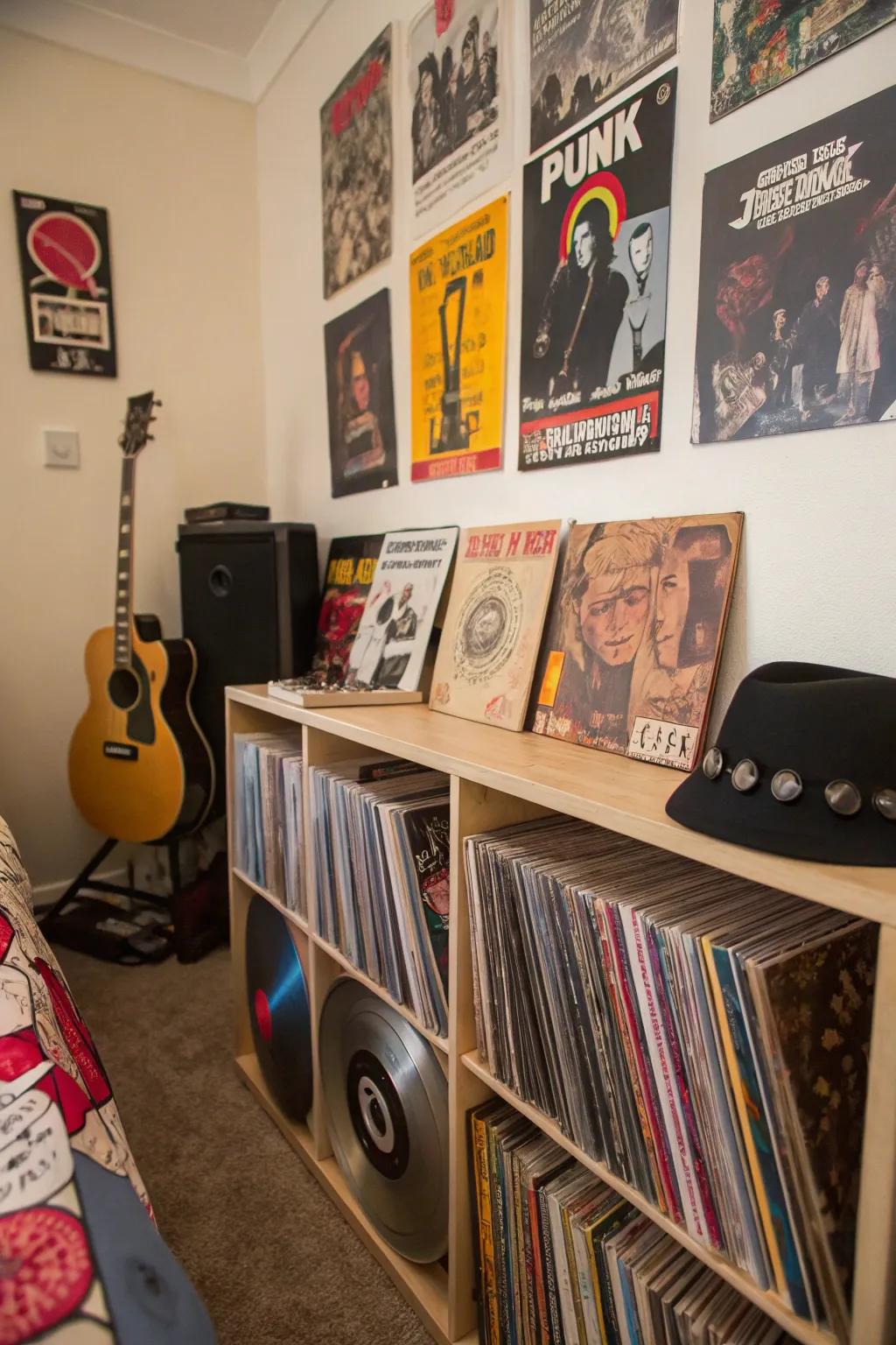 Celebrate your admiration for rebellious music by prominently showcasing your vinyl collection.