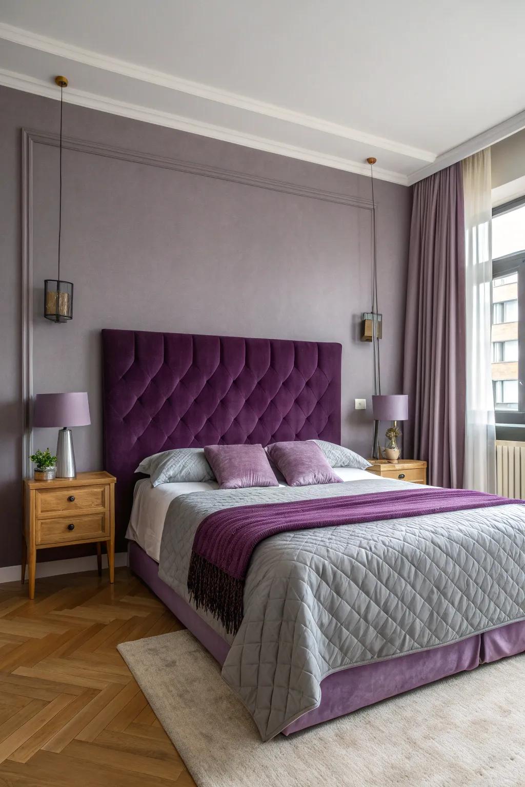 The purple and grey bedroom gains depth and luxury from textured fabrics and designs.