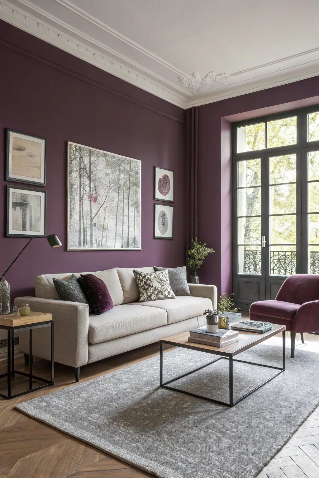 A modern living area enlivened by plum-colored walls.
