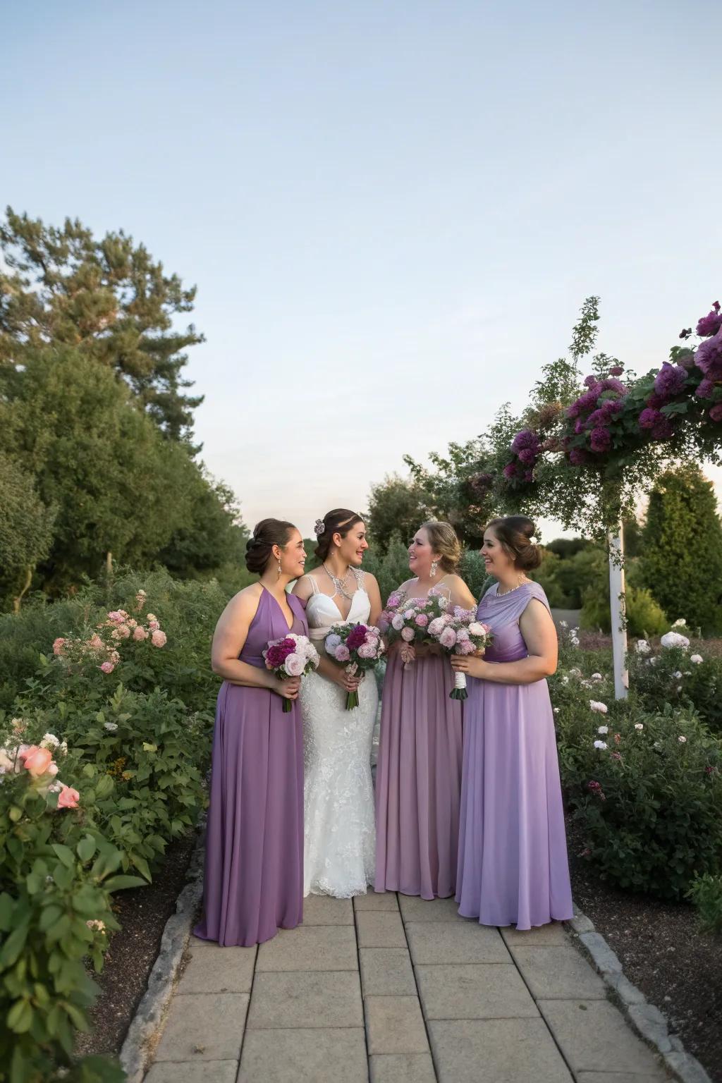 Bridesmaids clad in hues of violet compose a harmonious and elegant ensemble.