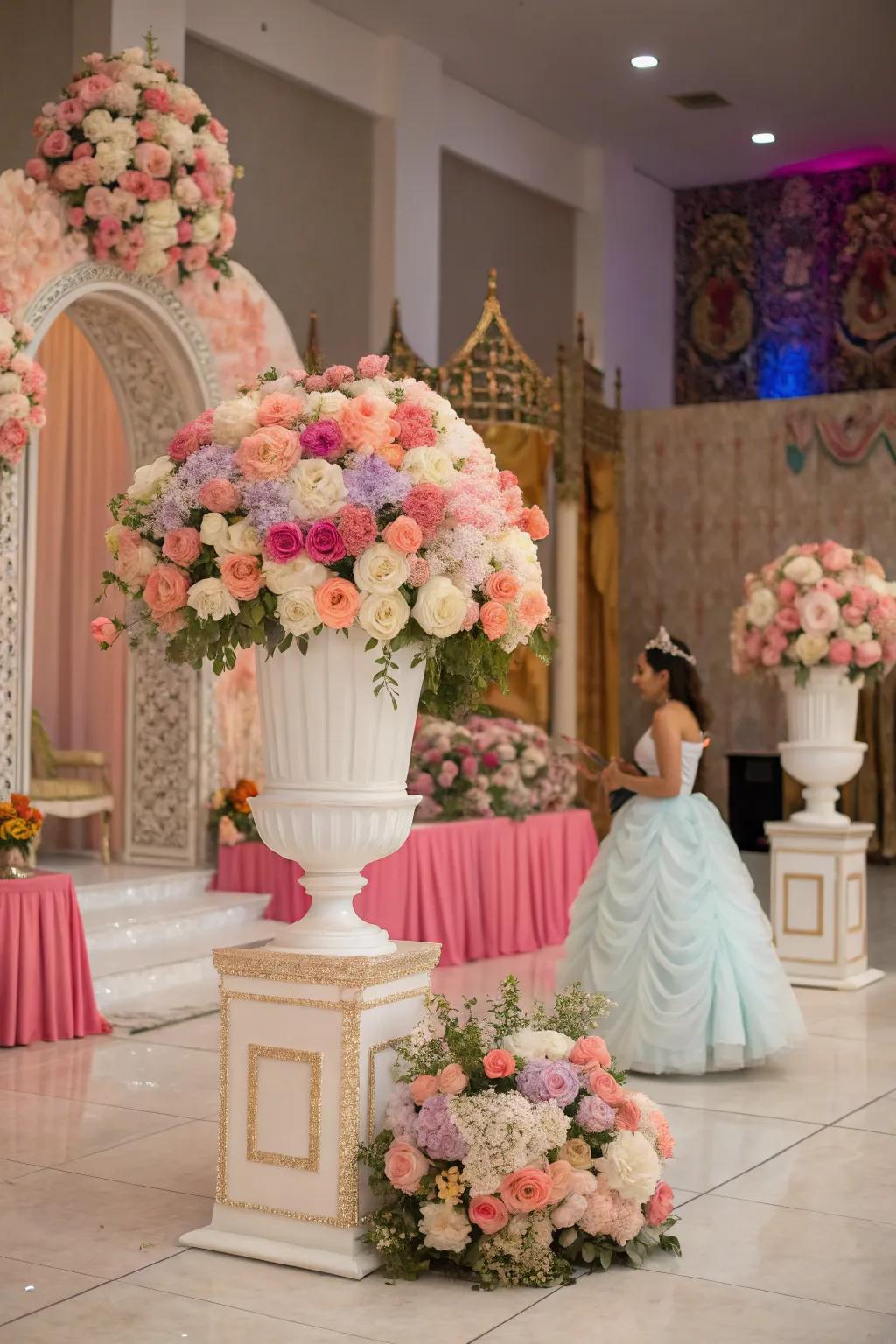 Floral compositions contribute organic beauty to the celebration.