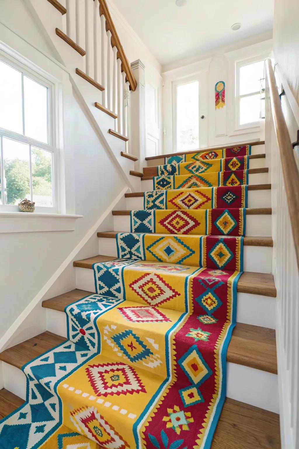 A staircase brightened with vibrant and colorful runners.