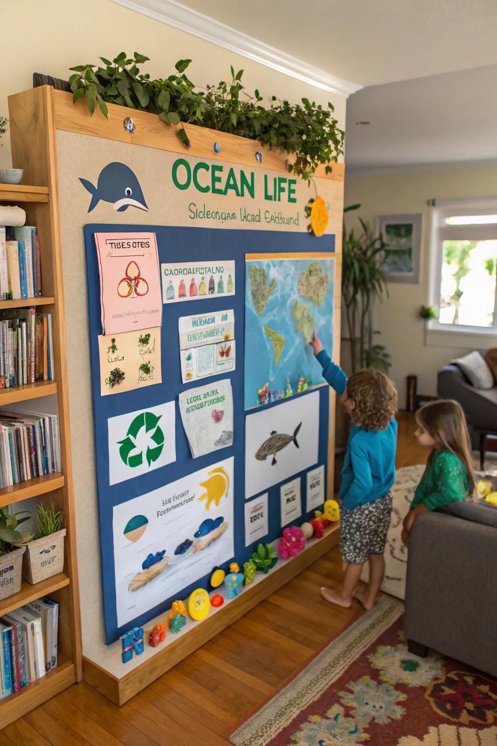 A bulletin board that is both educational and engaging, delving into the themes of ocean life.