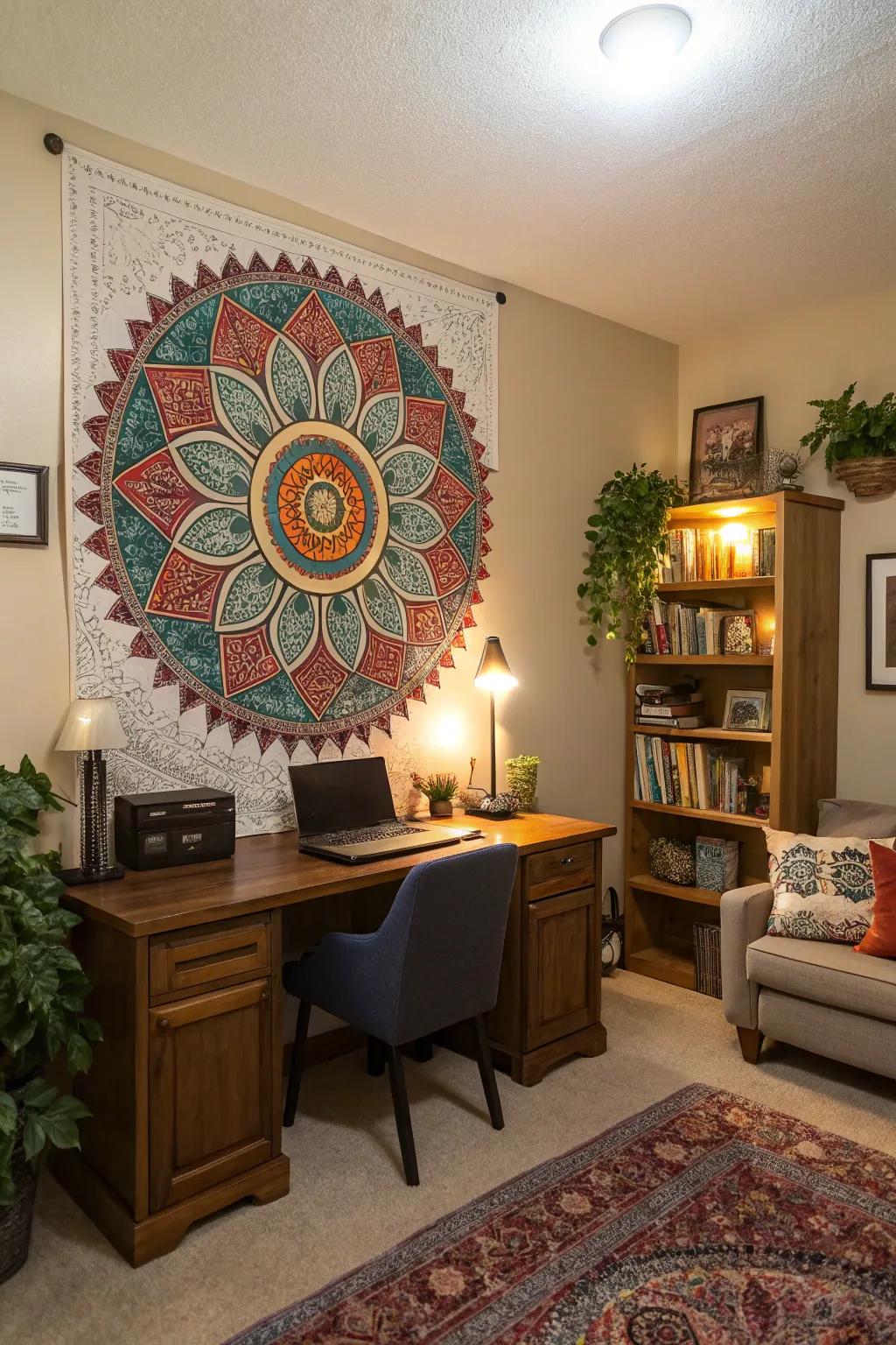 A cozy home office displaying a handmade radial design wall decor.