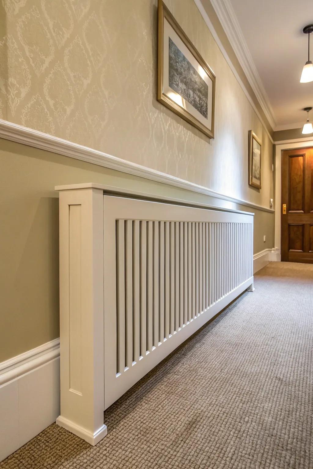 A radiator concealment that integrates perfectly with the wall color.