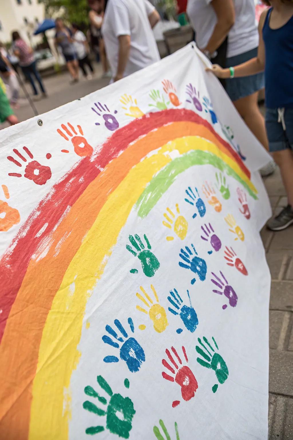 Tiny handprints create a personalized rainbow masterpiece.