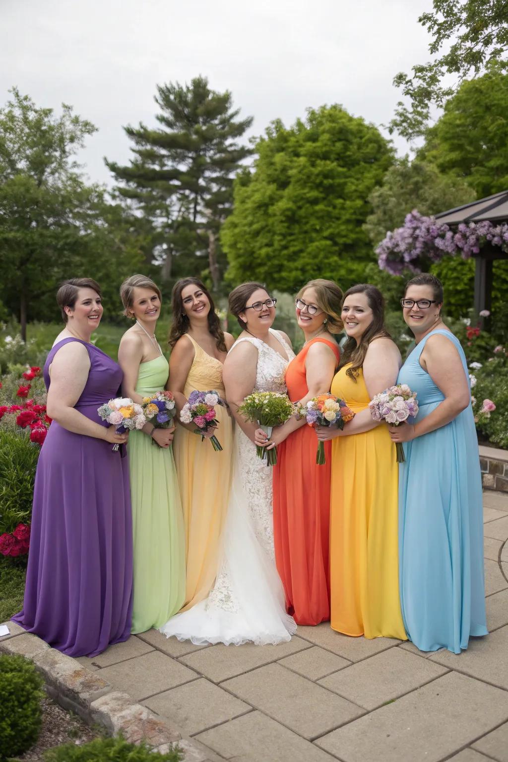 Bridesmaids at a wedding, dressed in an array of rainbow hues.