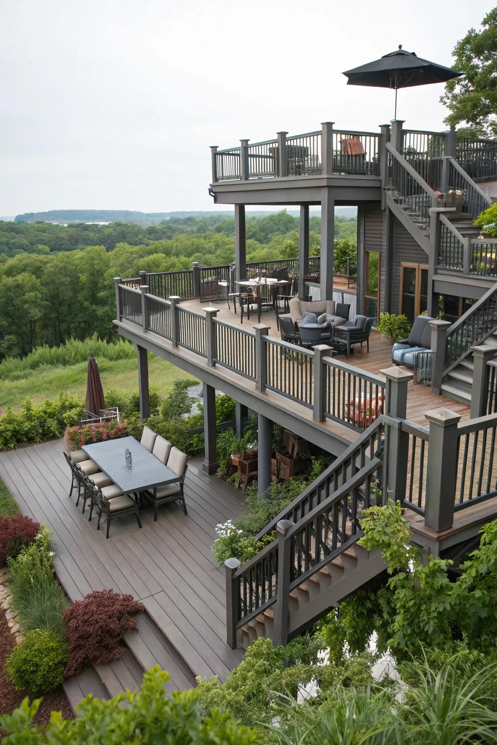 Think about multi-tiered deck designs to create a vibrant outdoor environment.