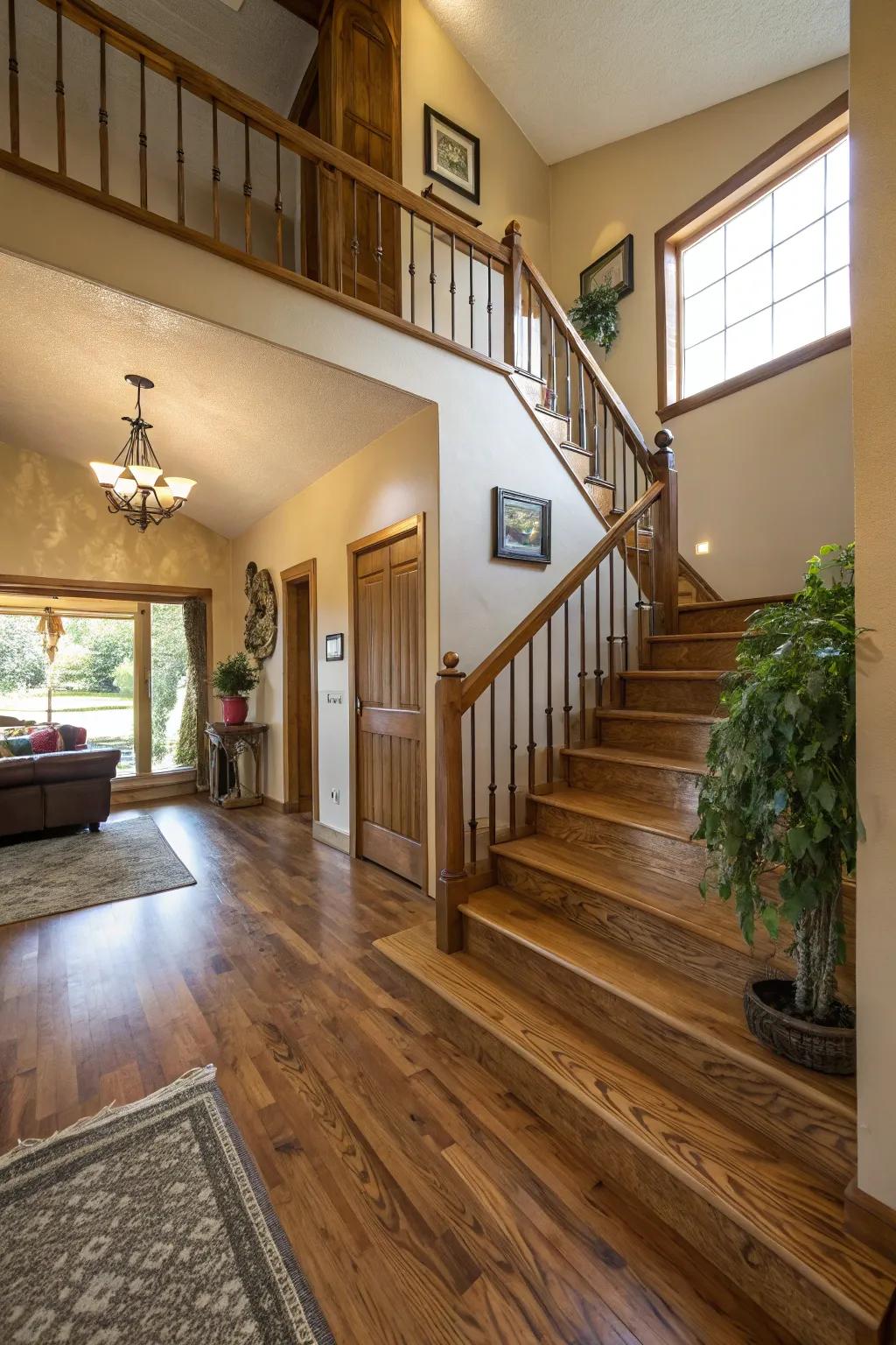 Warm wood details like flooring and staircases make the entryway feel more cozy.