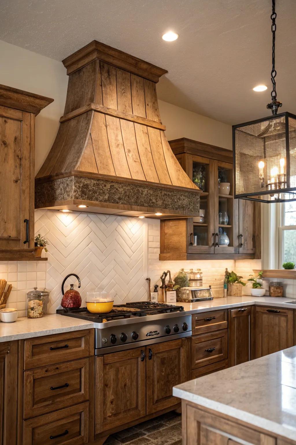 Country timber range hood incorporates warmth and charm to any kitchen.