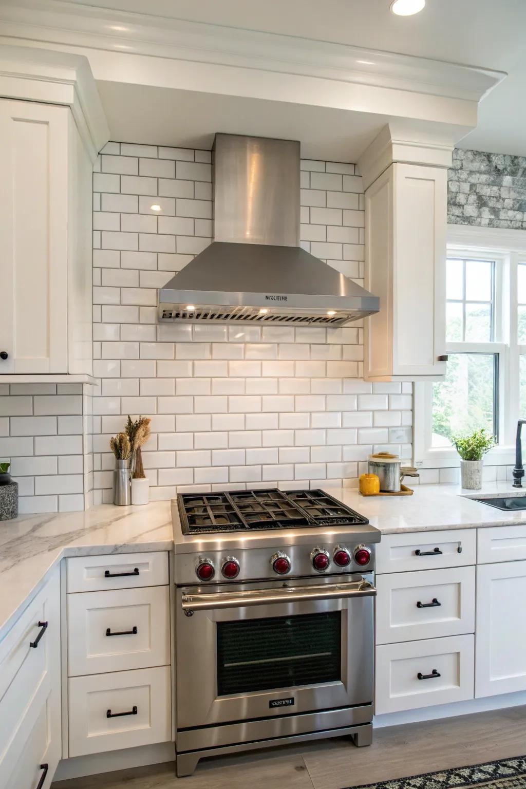 Kitchen design showcasing a subway tile backsplash flawlessly integrated with a contemporary range hood.