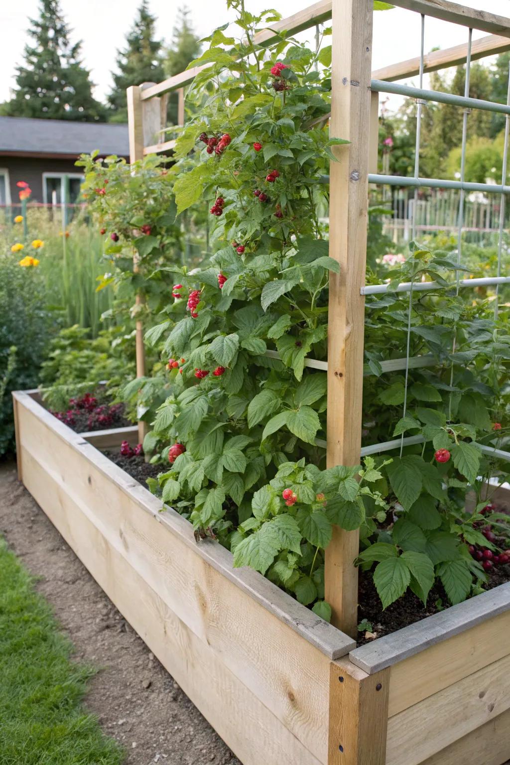 An elevated garden bed coupled with an integrated trellis provides convenience and aesthetics.