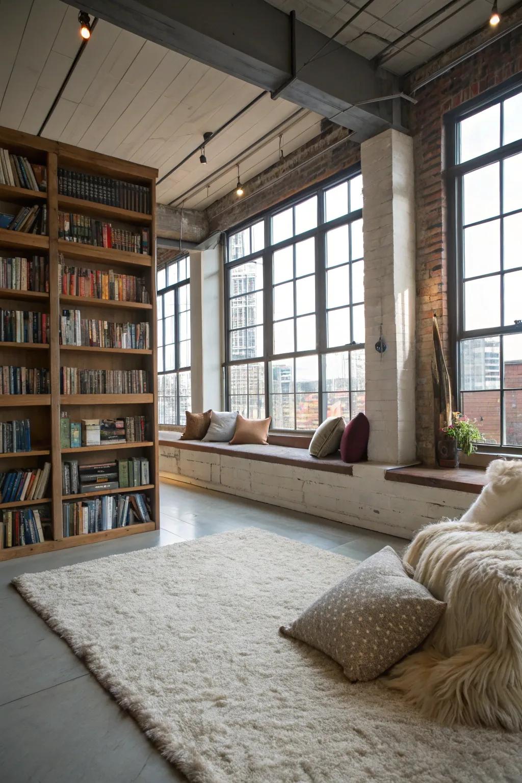 A loft changed into a comfortable library nook.