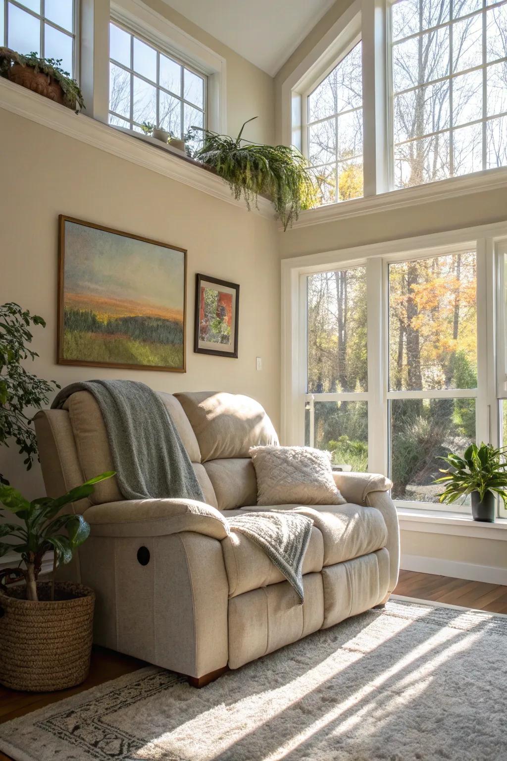 A bright living room with a recliner sofa set in natural light.