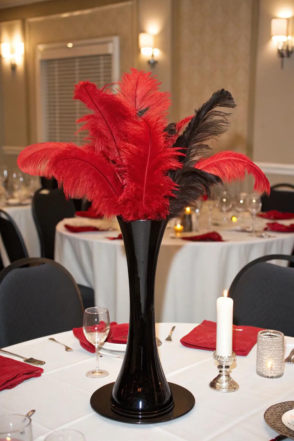 Scarlet plumes artistically arranged in an ebony container for dramatic flair.