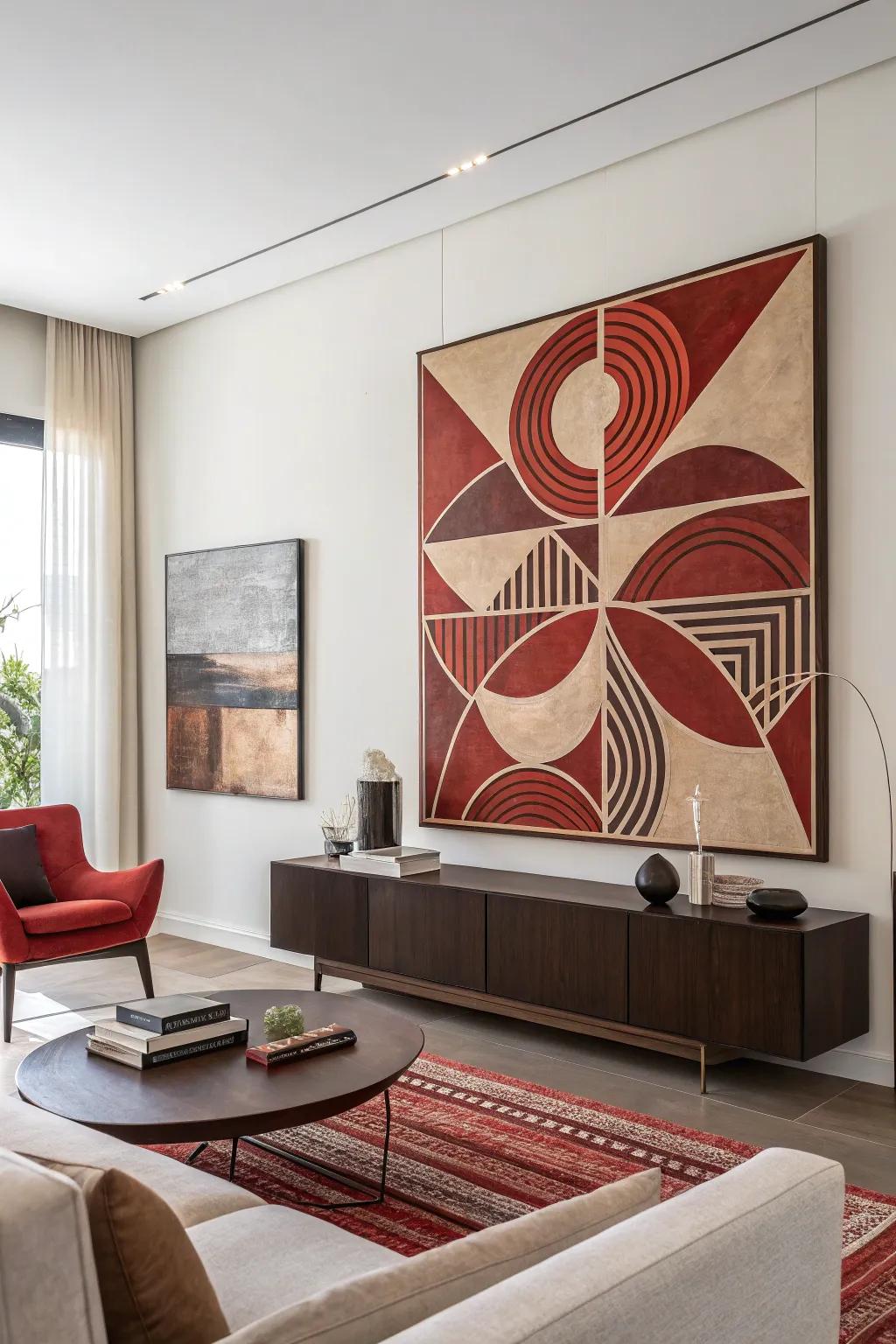 Artwork featuring rouge tones adds a cohesive element to the room's decor.