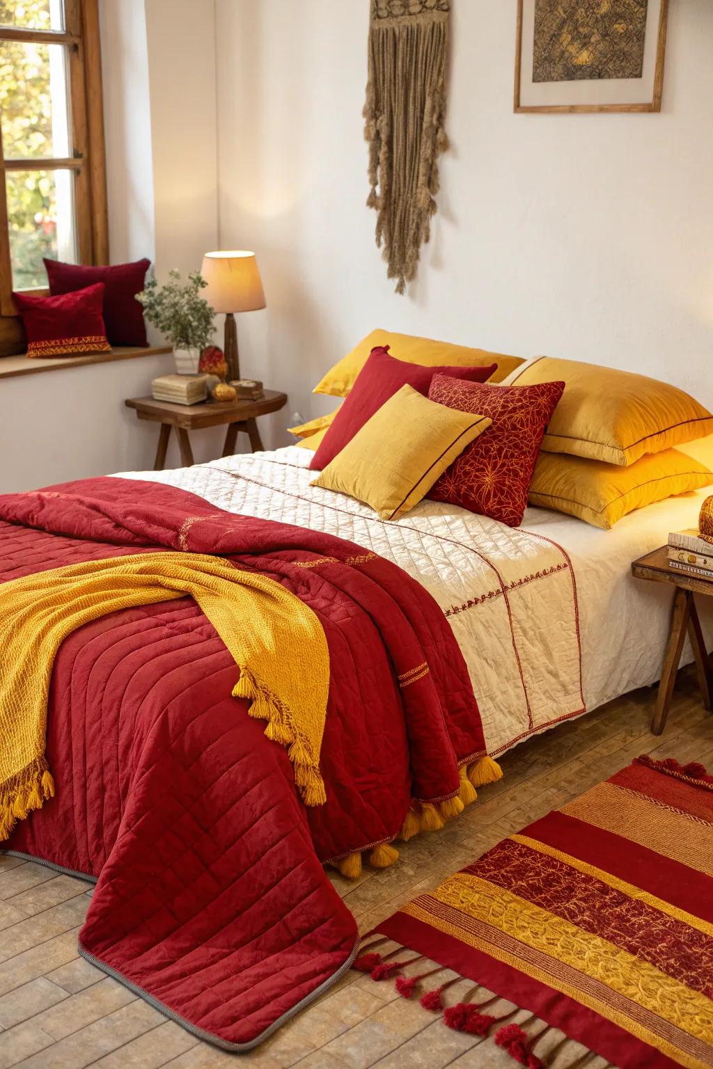 Assembled fabrics in crimson and gold create a warm and inviting atmosphere in this bedroom.